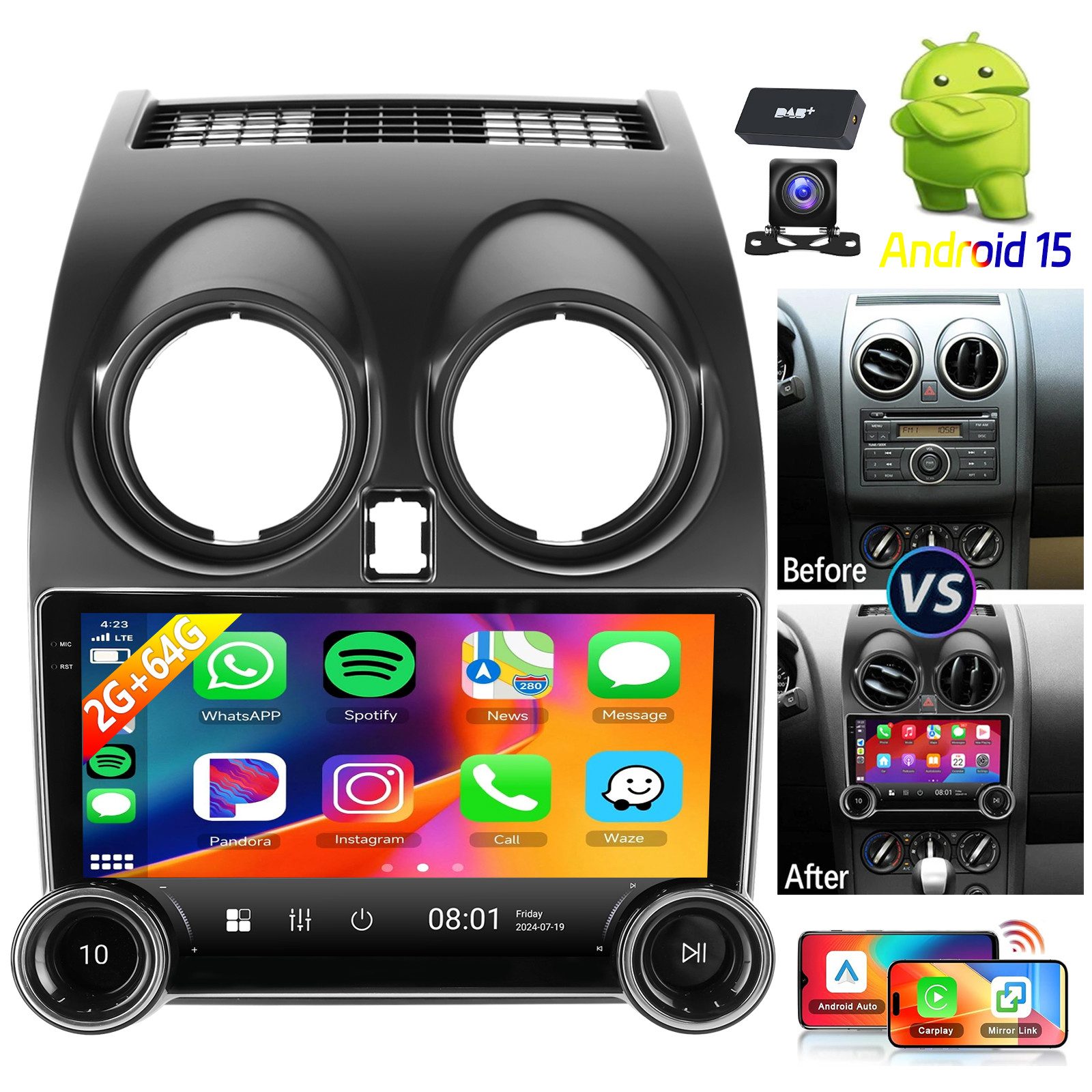 ESSGOO DAB+ Android15 Carplay 32/64G Für Nissan Qashqai J10 2007-2015 Autoradio (Digitalradio (DAB), RDS, AM, FM, 4+64GB(optional), Apple Carplay Android Auto GPS Navi WIFI BT EQ)