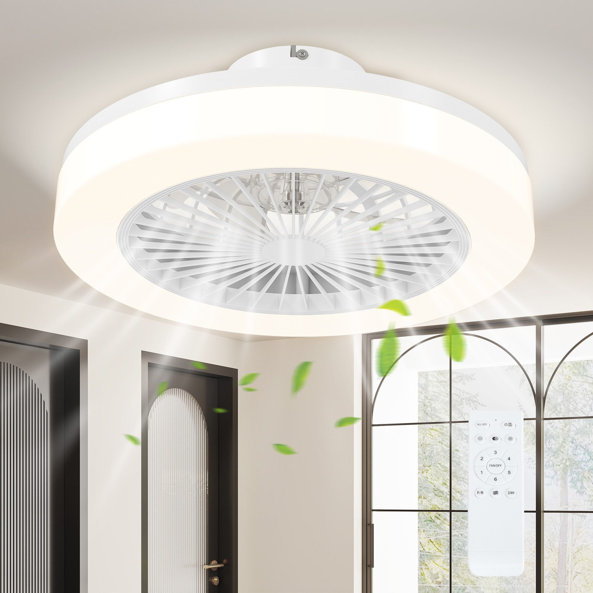 HOMCOM Deckenventilator LED Deckenleuchte mit Ventilator, 6 Geschwindigkeiten, Timer, 36 cm Durchmesser, für Schlafzimmer, Wohnzimmer, Weiß – Bild 2 von 5