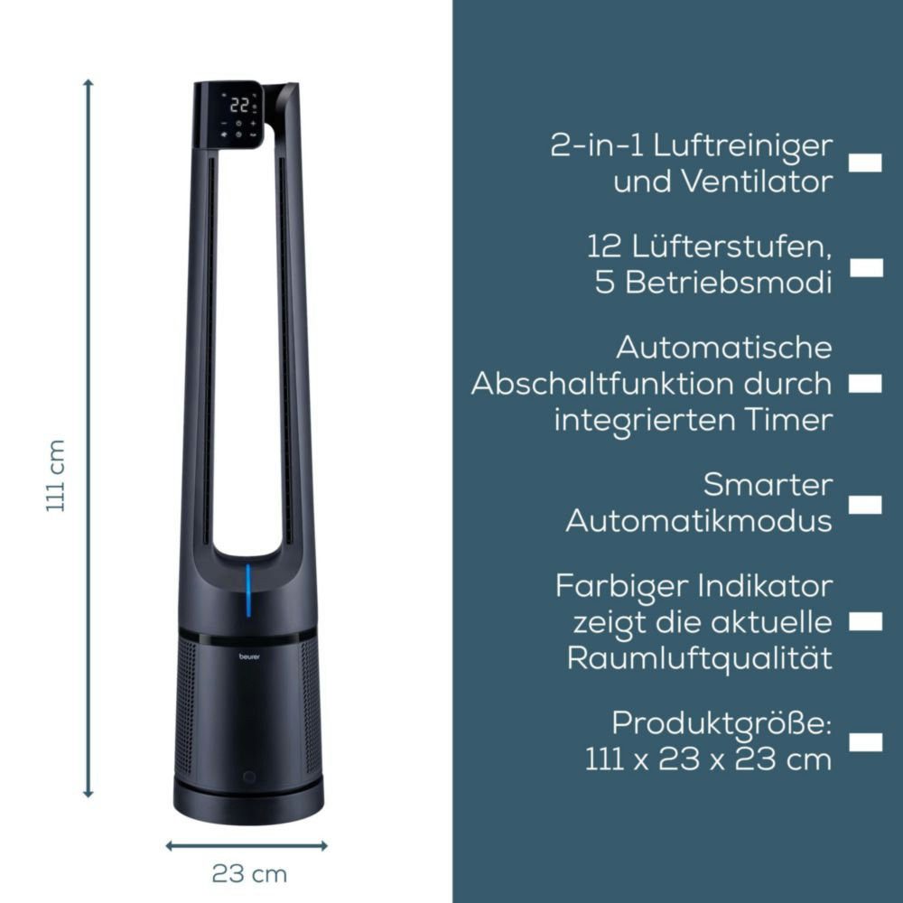 BEURER Ventilatorkombigerät LV 500, 2-in-1 Luftreiniger & Ventilator für frische, kühle Luft, Mit 3-schichtigem Filtersystem & kraftvollem Luftstrom, 5 Programme