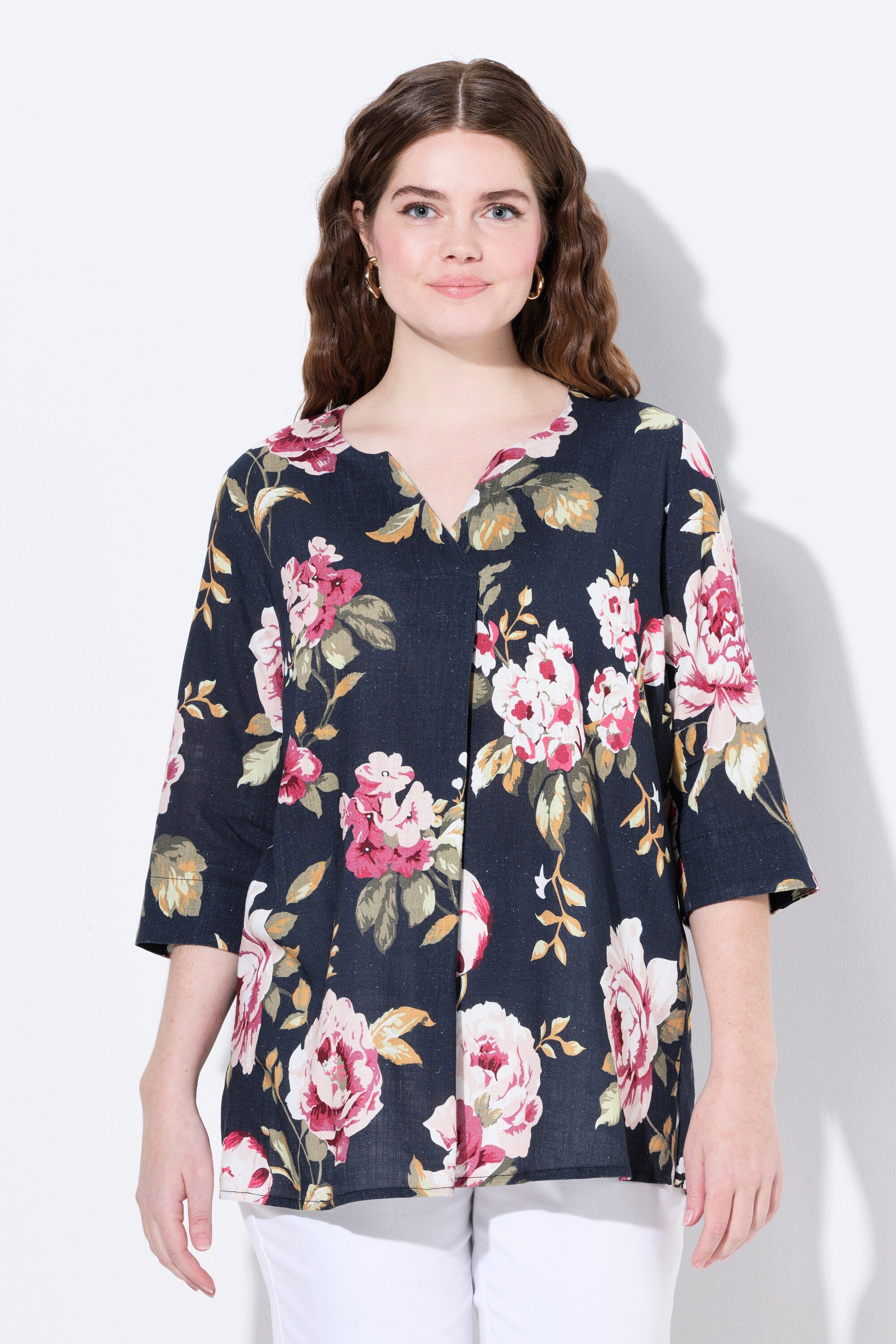 Ulla Popken Tunika Leinenmix-Bluse A-Linie Tunika-Ausschnitt 3/4-Arm