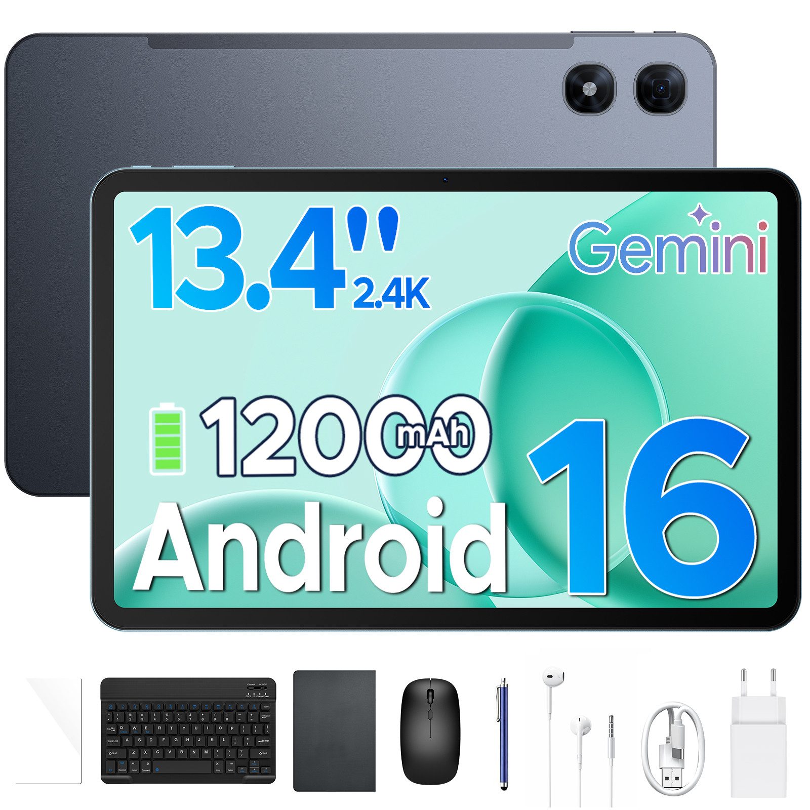 Aorlym Tablet PC – 13,4" 2.4K Display, 256GB ROM, 12000mAh Akku Tablet (13,4", 256 GB, Android 16, 4G, UNISOC T7280, 16MP Kamera, Dual Lautsprecher, 120Hz Display, Gemini AI)