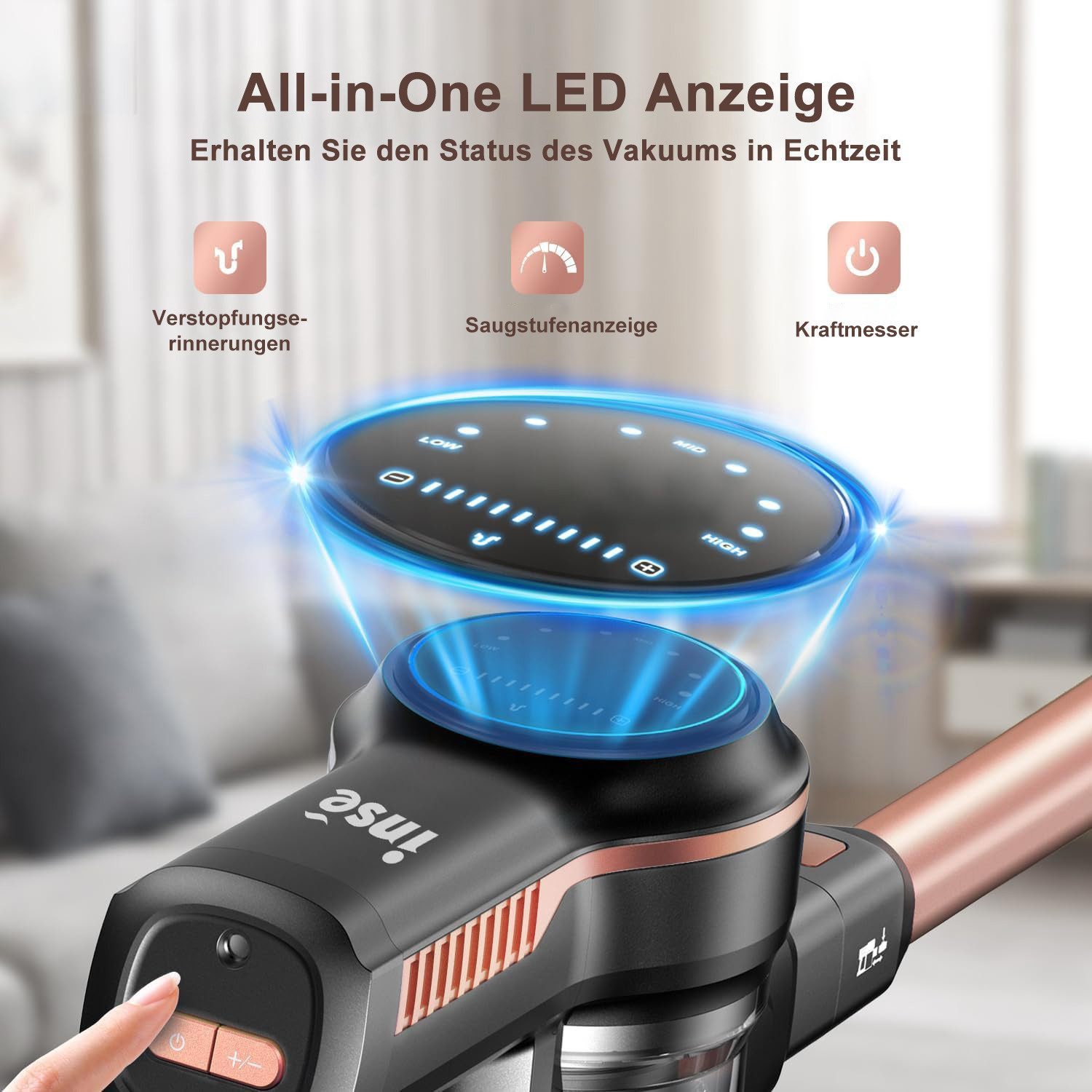 INSE Akku-Hand-und Stielstaubsauger 50000Pa,AkkuStaubsauger 60 Minuten, 1.2L,3 HEPA Filter Akkusauger, Akku Staubsauger, LED-Anzeige,3 Saugstufen,Handstaubsauger Kabelloser