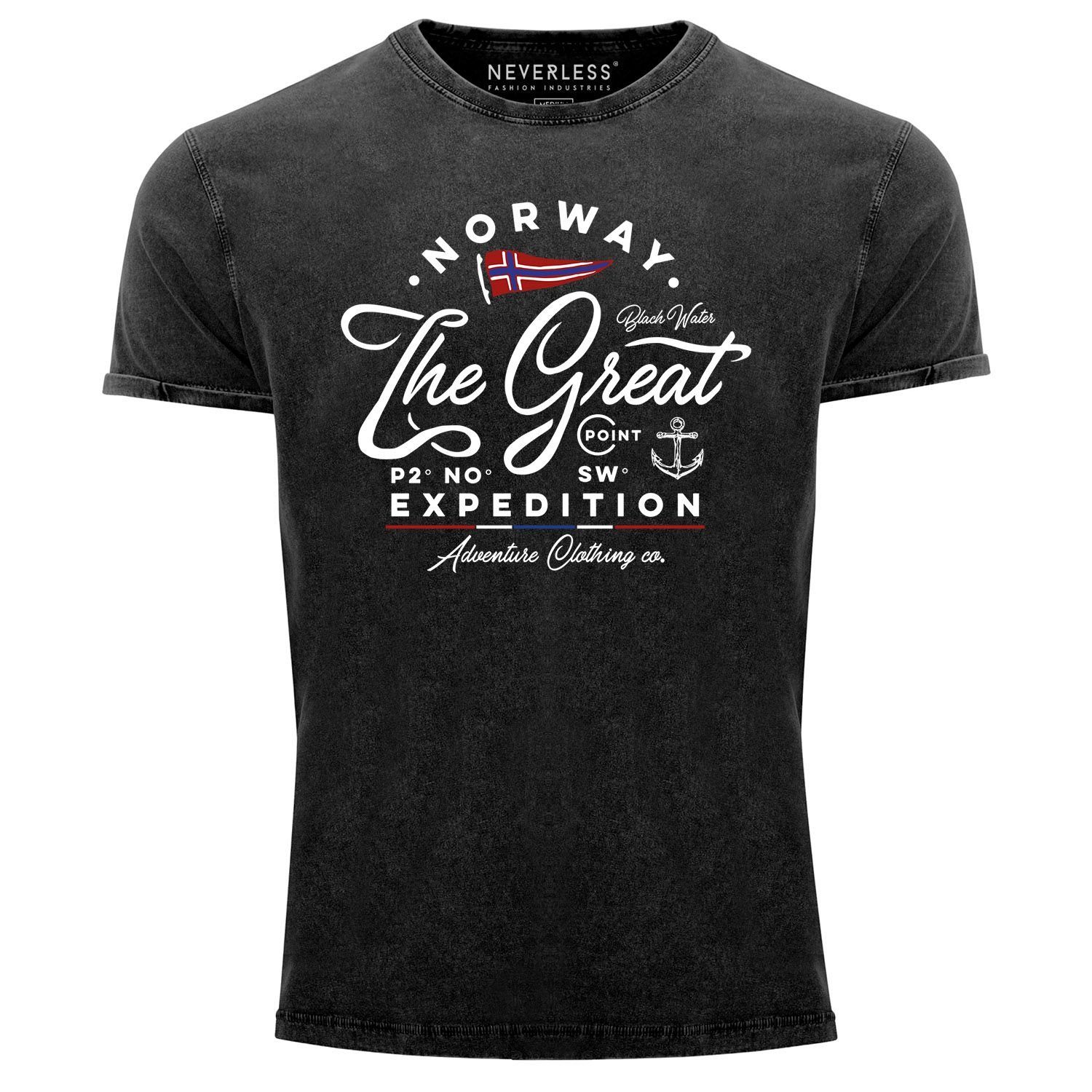 Shirt Aufdruck Norwegen Neverless® Used mit schwarz Print The Look Expedition T-Shirt Great Neverless Herren Outdoor Vintage Print-Shirt Adventure Printshirt