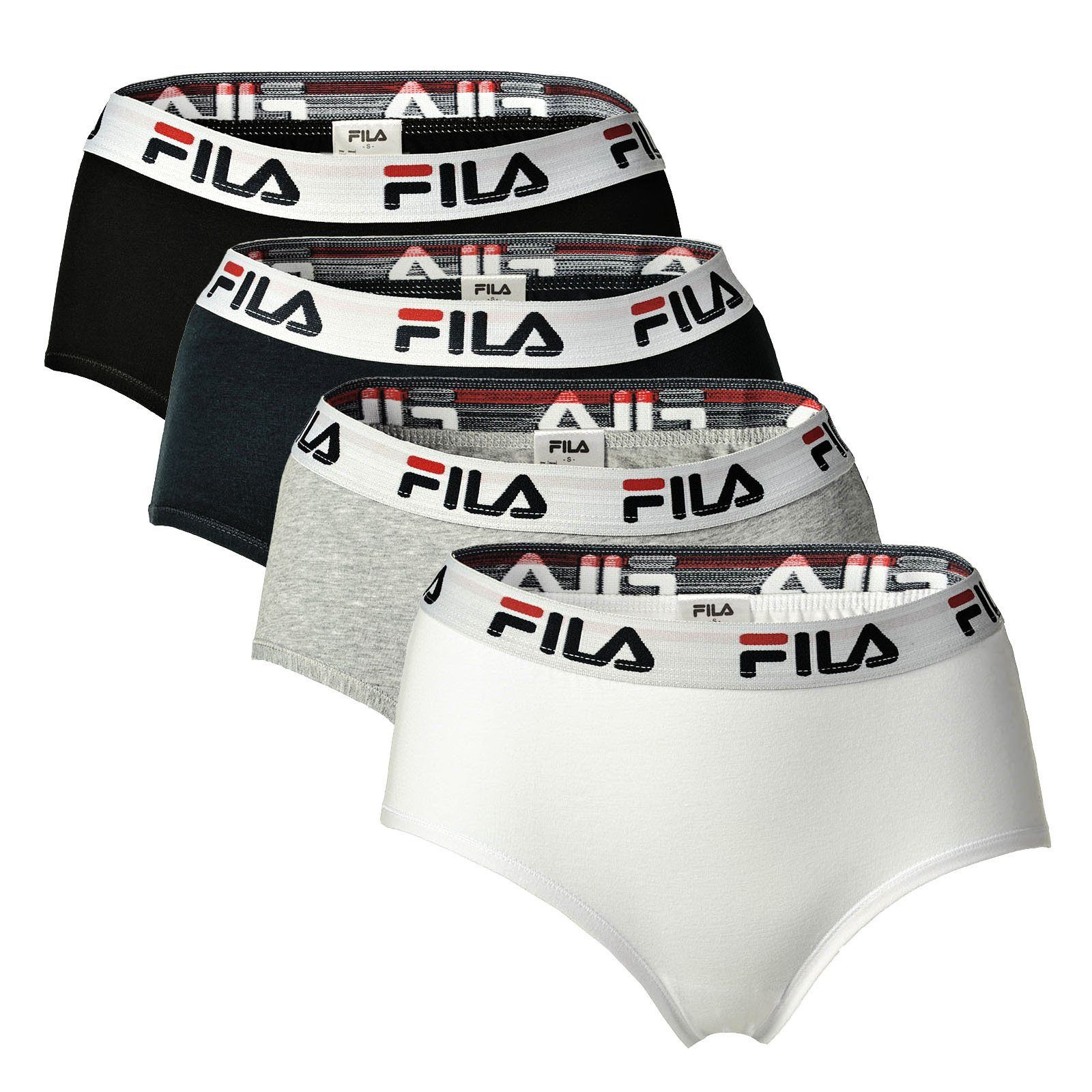 Fila Panty Damen Hipster - 4er Pack Slip, Logo-Bund, Cotton Weiß/Schwarz/Grau/Marine