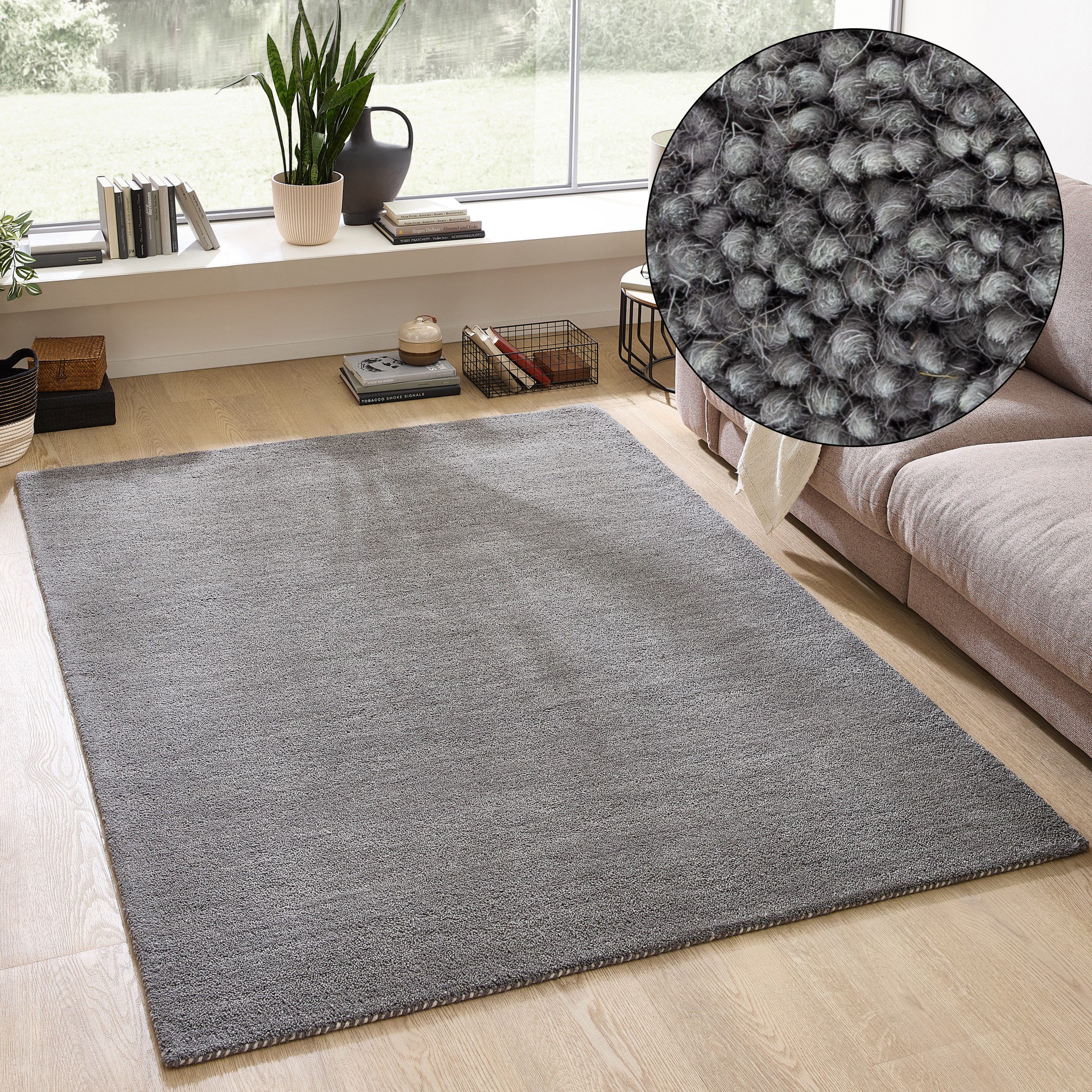 THEKO Wollteppich Gabbeh Uni, Handgefertigt, meliert, auch als Läufer erhältlich, Wolle, rechteckig, Höhe: 14 mm, Schlafzimmer, Wohnzimmer, Esszimmer, auch als Läufer oder rund
