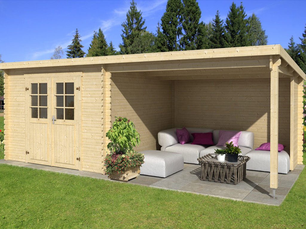 LASITA MAJA Gartenhaus Lasita Gartenhaus mit Anbau Flora 28 mm, BxT: 670x309 cm, Holz-Gartenhaus mit Fußboden, ideal als Gerätehaus & Schuppen