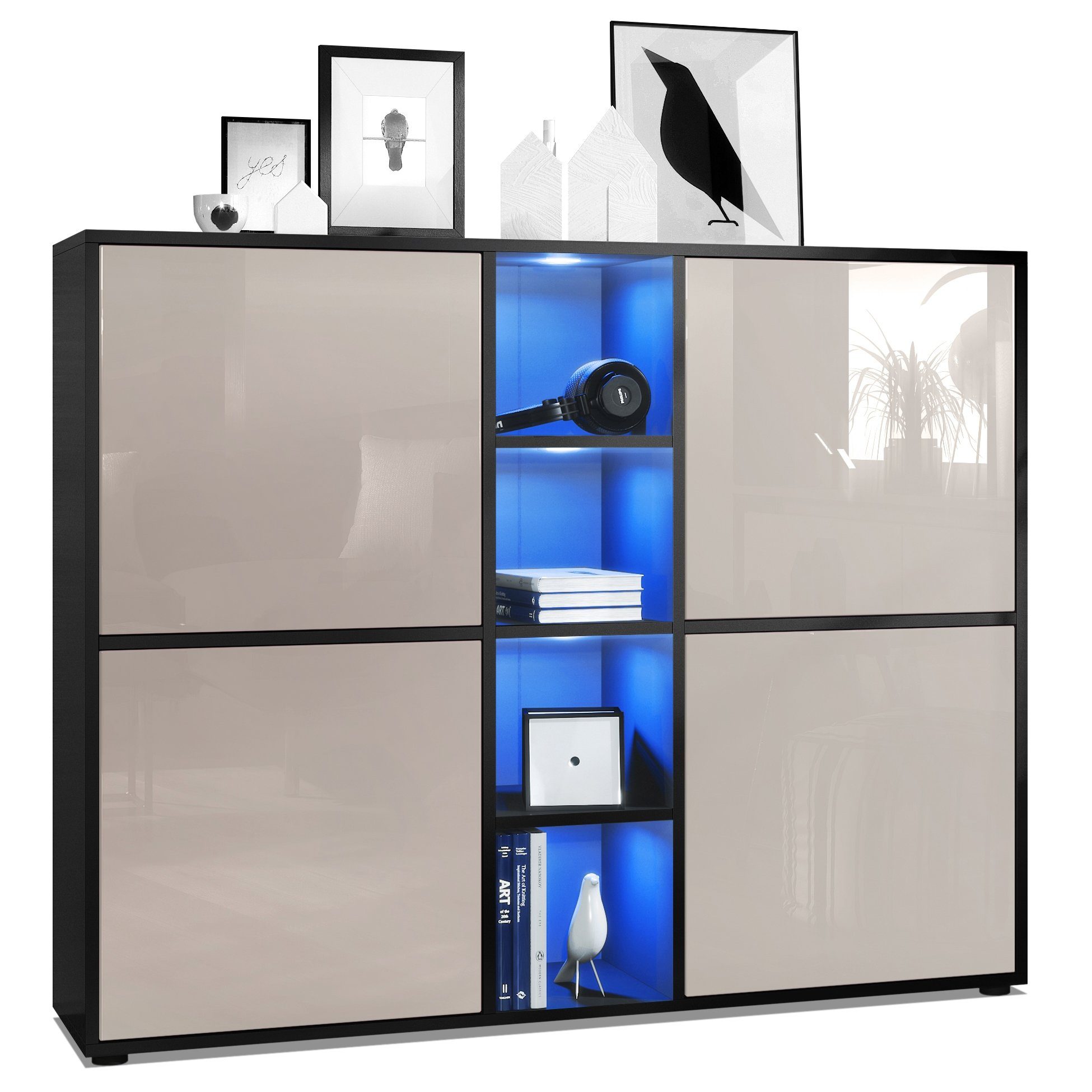 Vladon Highboard Cuba V3 (Highboard, mit 12 Fächern, inkl. RGB LED Beleuchtung), in Schwarz matt / Fronten in Sandgrau Hochglanz (130,5x105,5x35,5 cm)