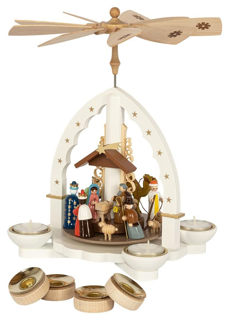 Erzgebirgische Volkskunst Richard Glässer GmbH Weihnachtspyramide Pyramide Geburt Christi mit Teelichter und Kerzen weiß Höhe 27cm NEU