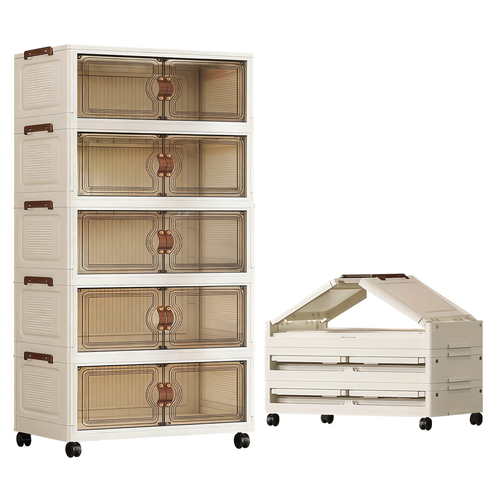 PFCTART Mehrzweckschrank Aufbewahrungsschrank faltbar mit Rollen aus PP-Kunststoff (Set, 1-St., Als Aufbewahrungsbox mit Deckel groß für Kleidung, Schuhe & Haushalt) Stapelboxen mit transparentem Frontdesign, werkzeuglose Montage