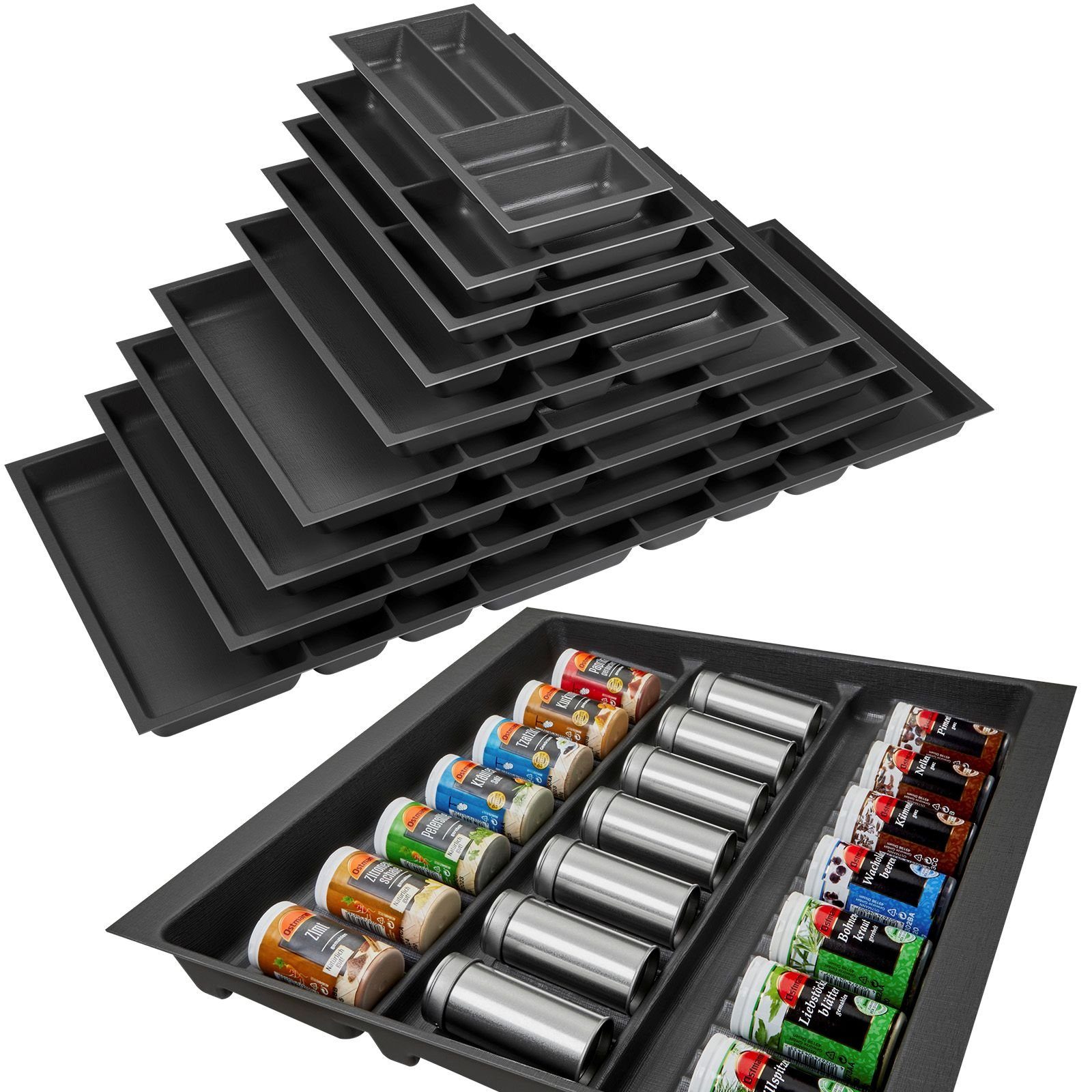 SO-TECH® Besteckeinsatz Orga-Box 2 silbergrau Canvas Leinwand Struktur für Nobilia, Gewürzeinsatz 509 mm Breite, Anthrazit