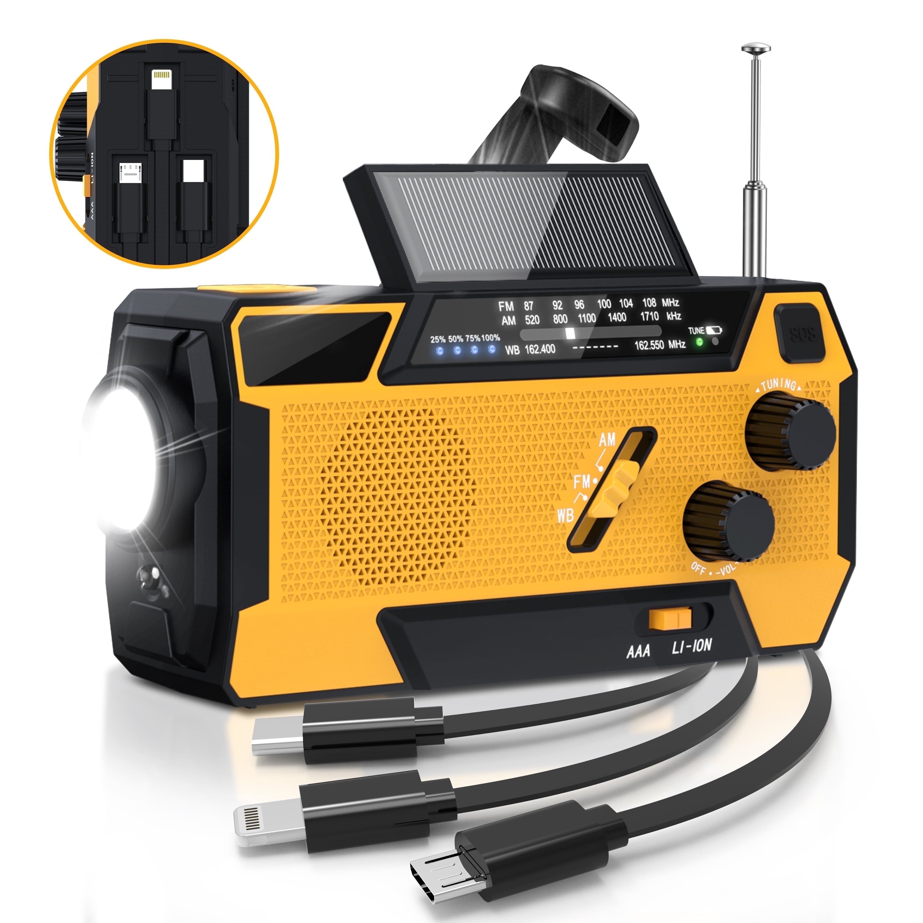 Greadio Notfallradio mit Solar & Kurbel, Ideal für Notfälle & Outdoor Radio (Tuning-Regler, 7 NOAA-Wetterkanäle, AM/FM/WB (NOAA) Empfang, Wetterwarnungen, 2000mAh, AM/FM, 3 integrierte Kabel)