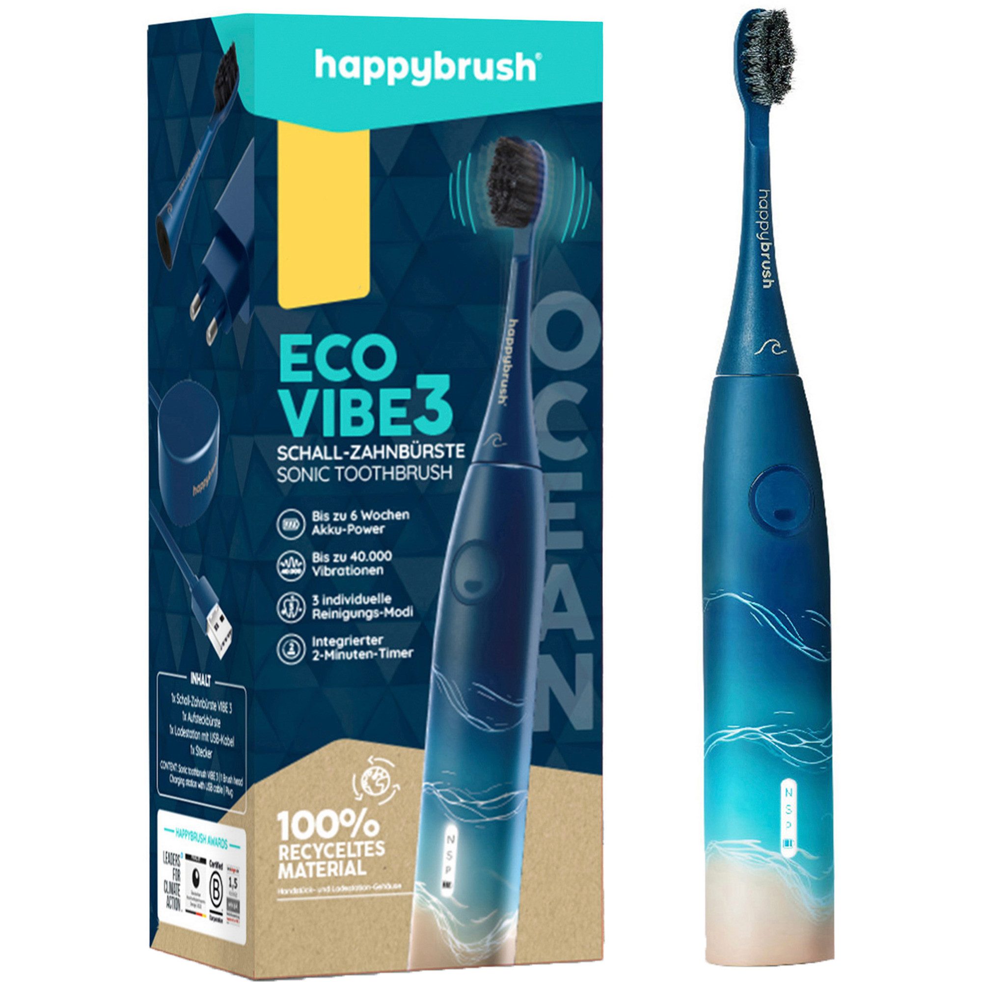 happybrush Elektrische Zahnbürste happybrush StarterKit Schall Eco VIBE 3 Ocean