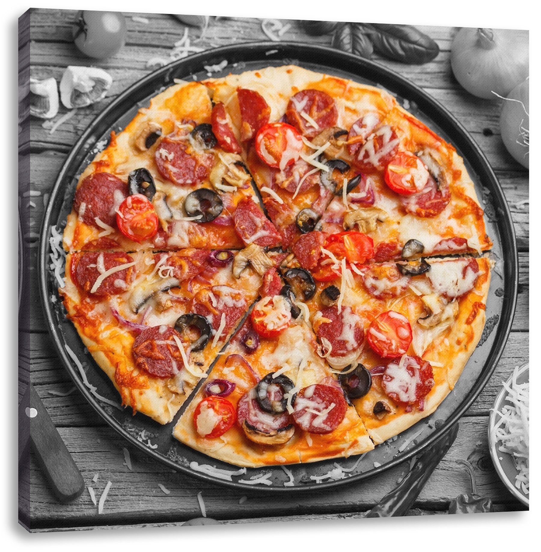 Pixxprint Leinwandbild Pizza auf Pizzablech, Pizza auf Pizzablech (1 St), Leinwandbild fertig bespannt, inkl. Zackenaufhänger