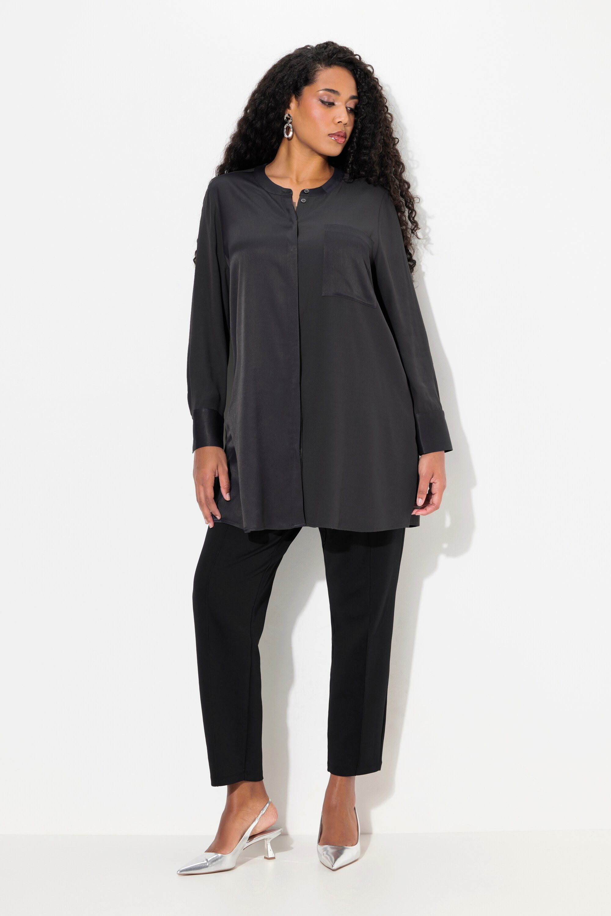 Ulla Popken Tunika Satintunika Patchlook Stehkragen Langarm günstig online kaufen