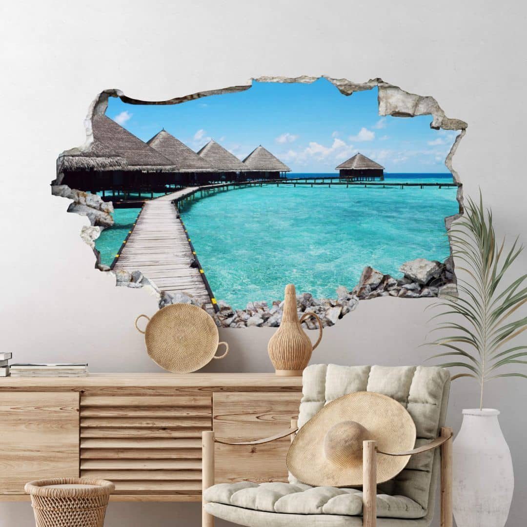 K&L Wall Art Wandtattoo 3D Aufkleber Bali Strandhaus Malediven blaues Meer Wandsticker, Mauerdurchbruch Wandbild selbstklebend