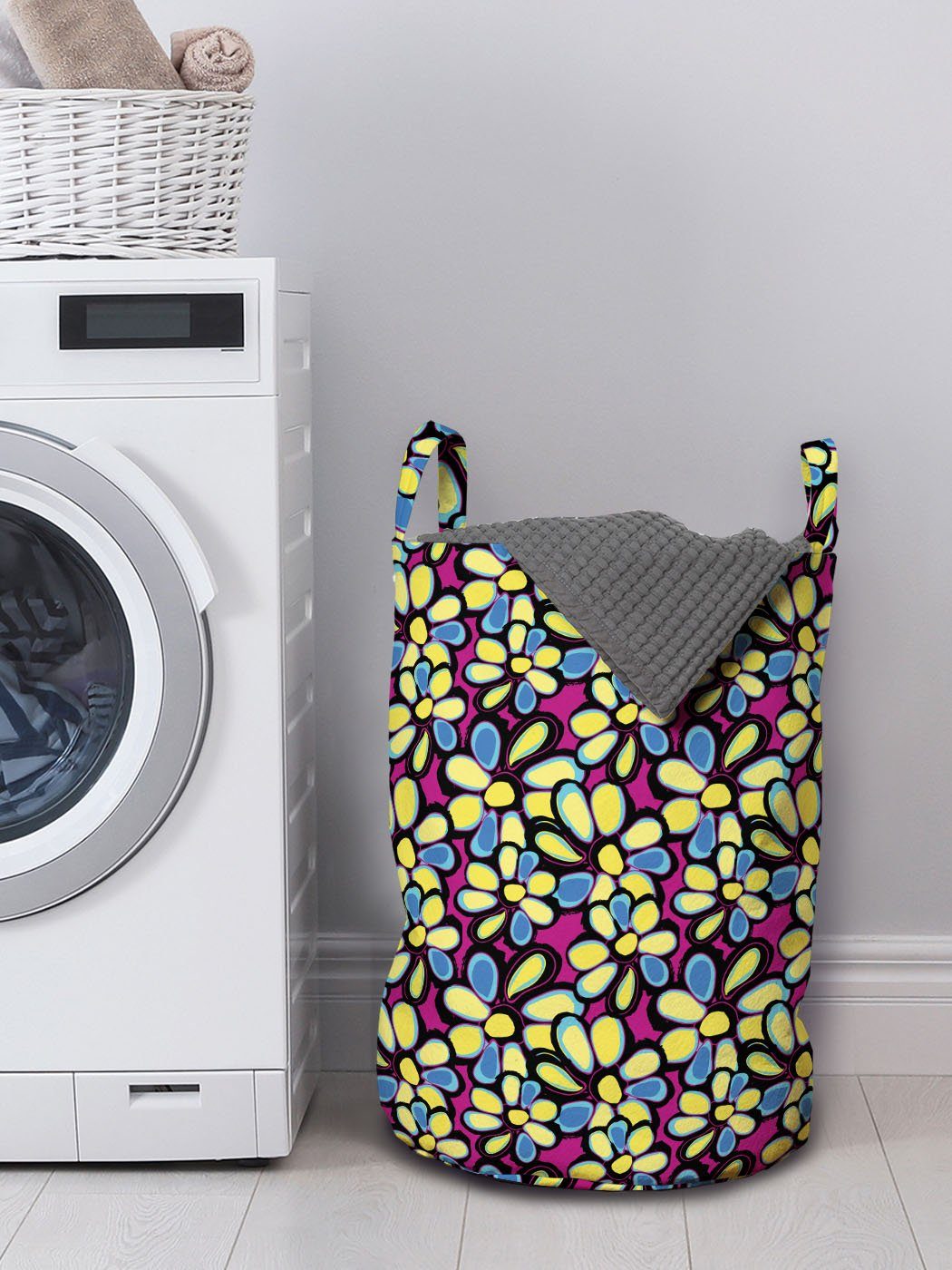 Waschsalons, Grunge Wäschesäckchen für Kordelzugverschluss Daisy Griffen mit Graffiti Wäschekorb Abakuhaus