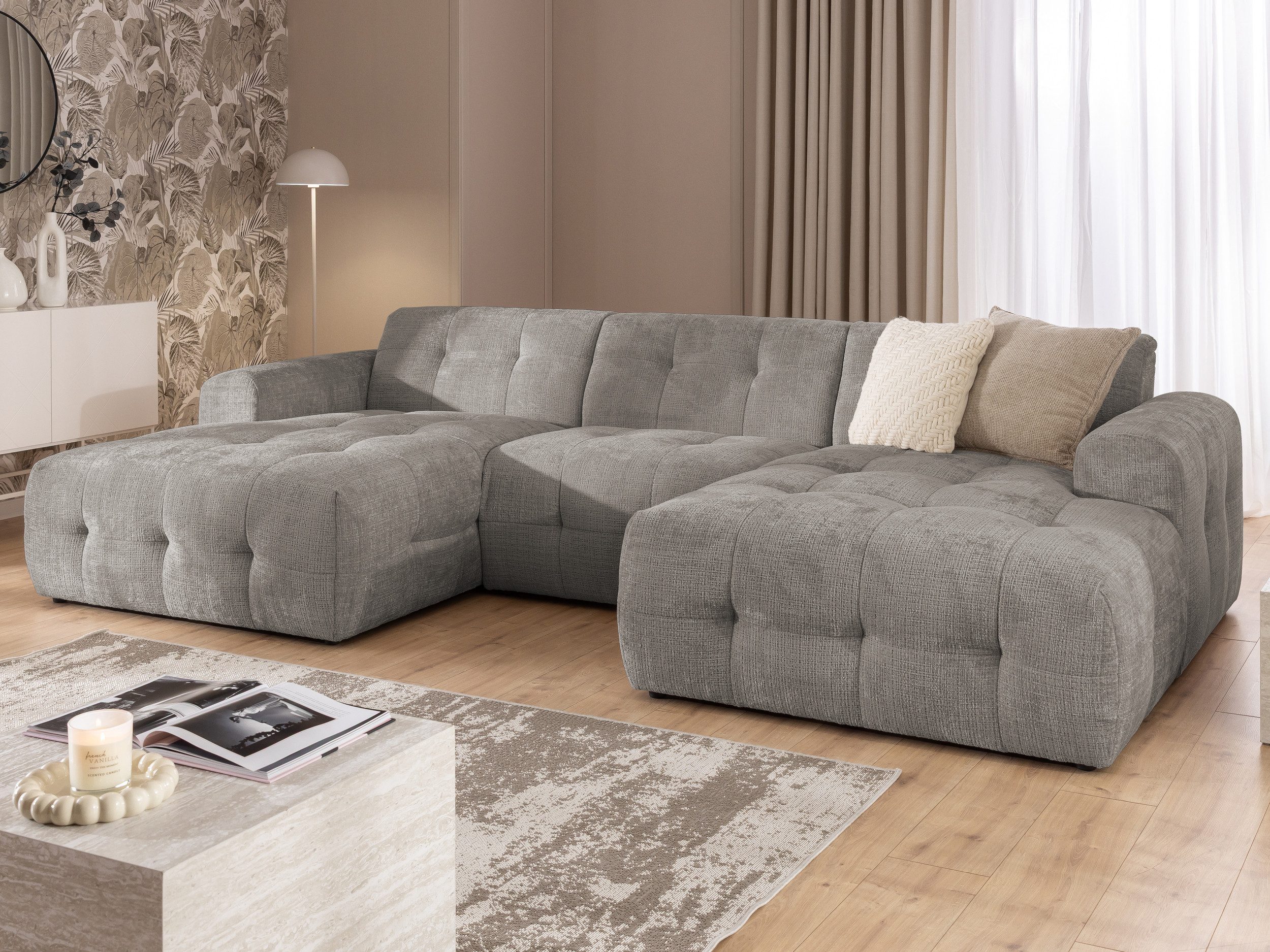 S-Style Möbel Wohnlandschaft Kozy im Bumpy-Design mit fester Rückenlehne aus weichem Chenille-Stoff, mit Wellenfederung