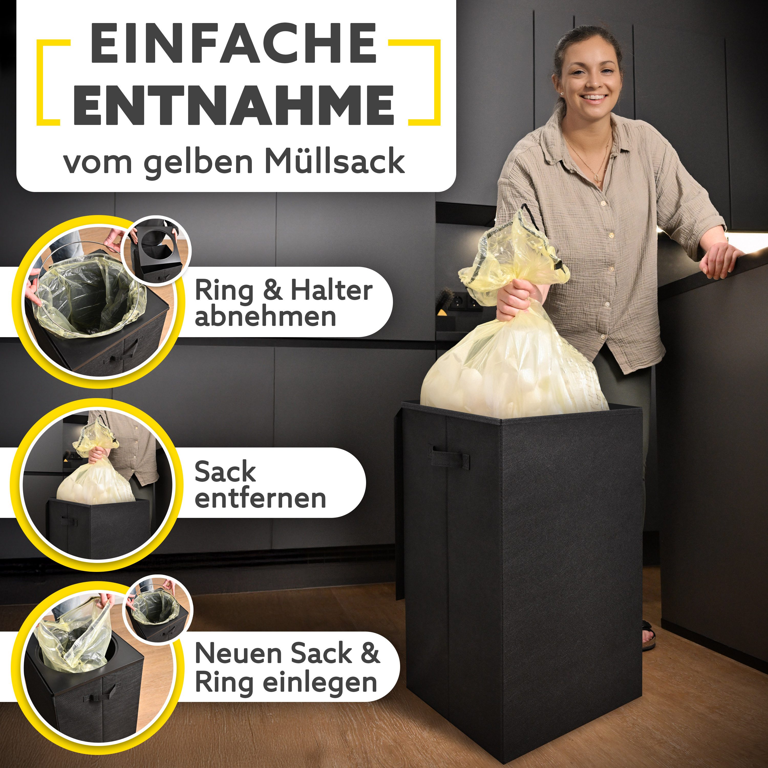 HANDFILL Flaschensammler Müllsackständer 70L mit Deckel Stoffumrandung Wäschekorb (Einzel Müllsackständer Set mit Deckel und Stoffumrandung, Müllsackständer mit Stoffbezug Deckel und Gestell 70 Liter), Müllsackständer 70L mit Deckel und Stoffumrandung faltbar