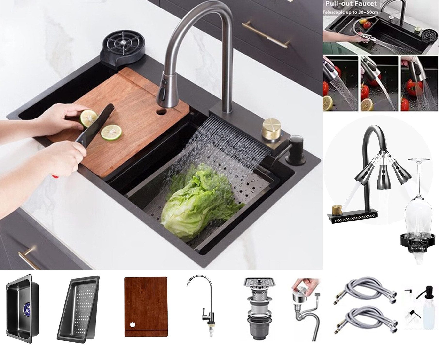 Faizee Home Küchenspüle Wasserfall-Küchenspüle Neom 75x46 cm, 46/22.5 cm