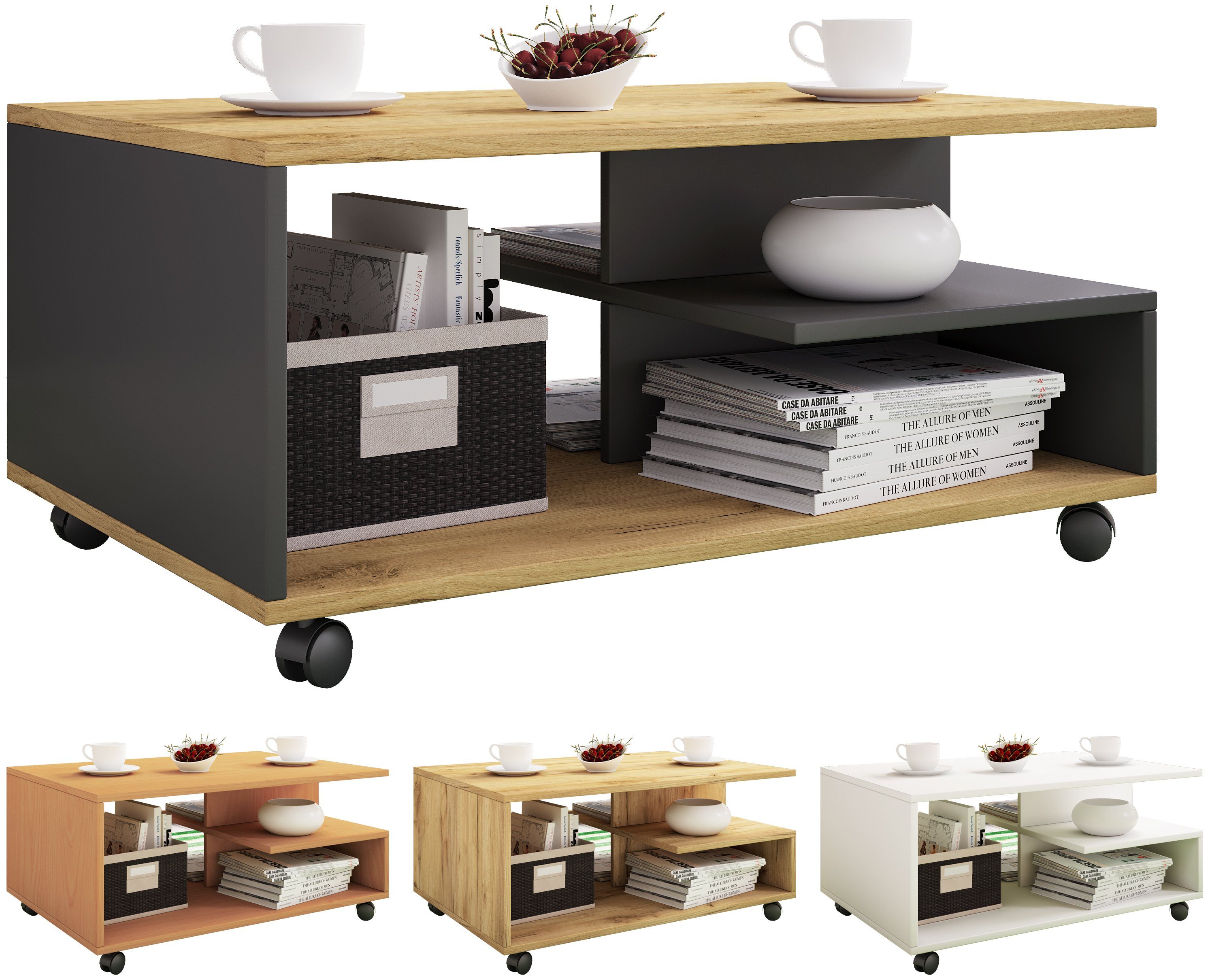 BAKAJI Couchtisch Mit Rollen – Weiß, Aus MDF-Holz, 45x30x56 Cm, Mit 2 Regalen