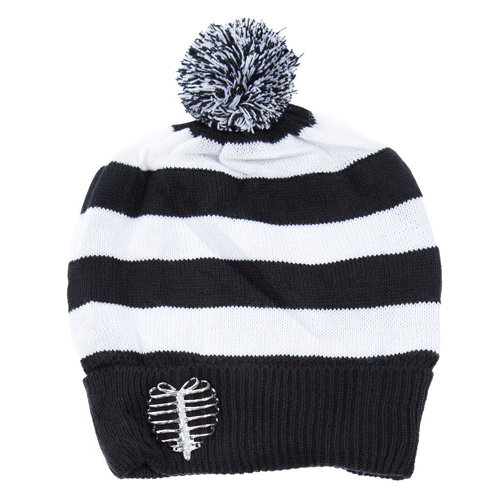 Heartless Bommelmütze Rayne Hat Schwarz Weiss Punk Gothic Skelett Herz Beanie