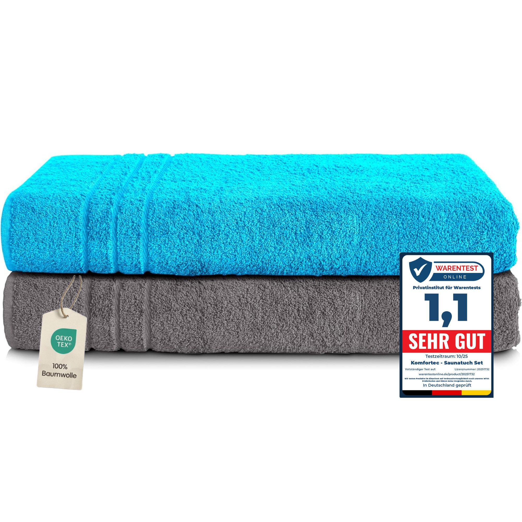 Komfortec Saunatuch Frotte aus 100% Baumwolle, Frottee (Packung, 2-St), 80x200 Saunatücher set XXL, Weich, Schnelltrocknend
