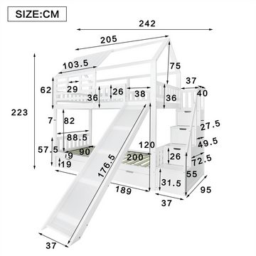 autolock Kinderbett Etagenbett,Hausbett,Rahmen aus Kiefernholz und MDF,mit Treppe, Rutsche,Stauraum,Fenster und Dach,Fallschutzgitter und Schublade