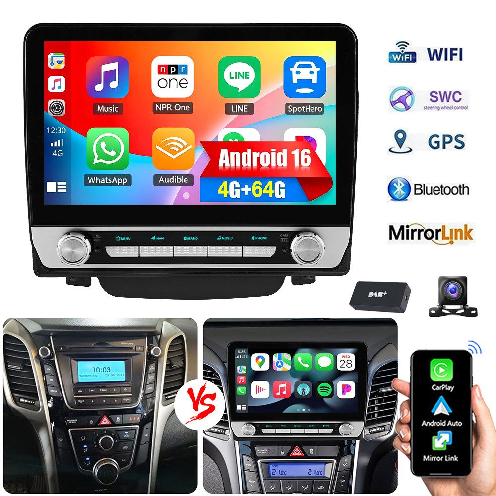 ESSGOO Für Hyundai i30 2012-16 Android 16 Autoradio GPS WIFI Bluetooth RDS FM Autoradio (RDS, 4+64GB(optional), Digitalradio (DAB), FM, GPS, WIFI, SWC)