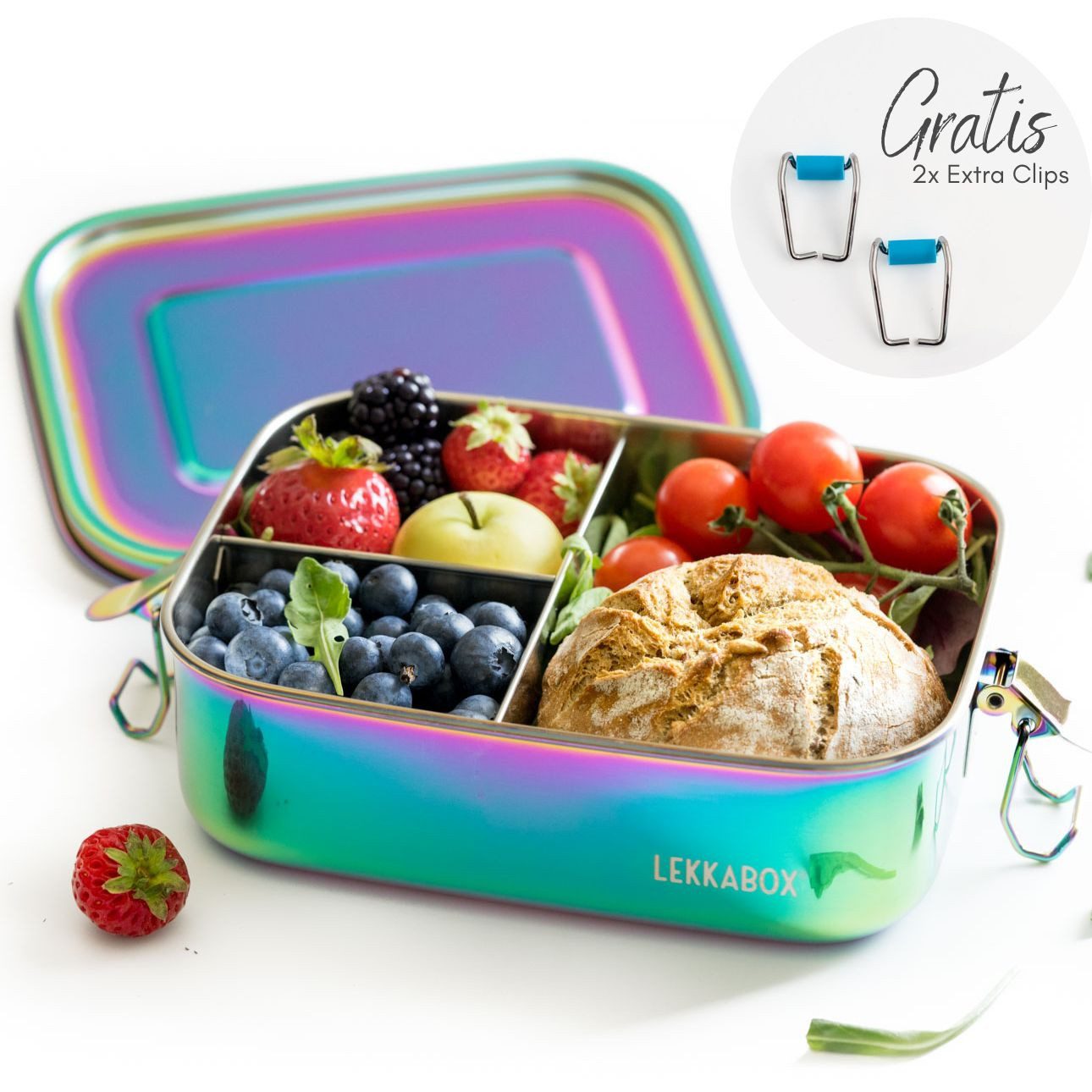 LEKKABOX Lunchbox Kinder Edelstahl Brotdose 1000ml - 3 Fächer auslaufsicher Bentobox, (1 Edelstahldose mit Deckel, 2 zusätzliche Clips mit Silikonschutz), Auslaufsicher dank Dichtung, mit 3 Fächern für trockene Lebensmittel