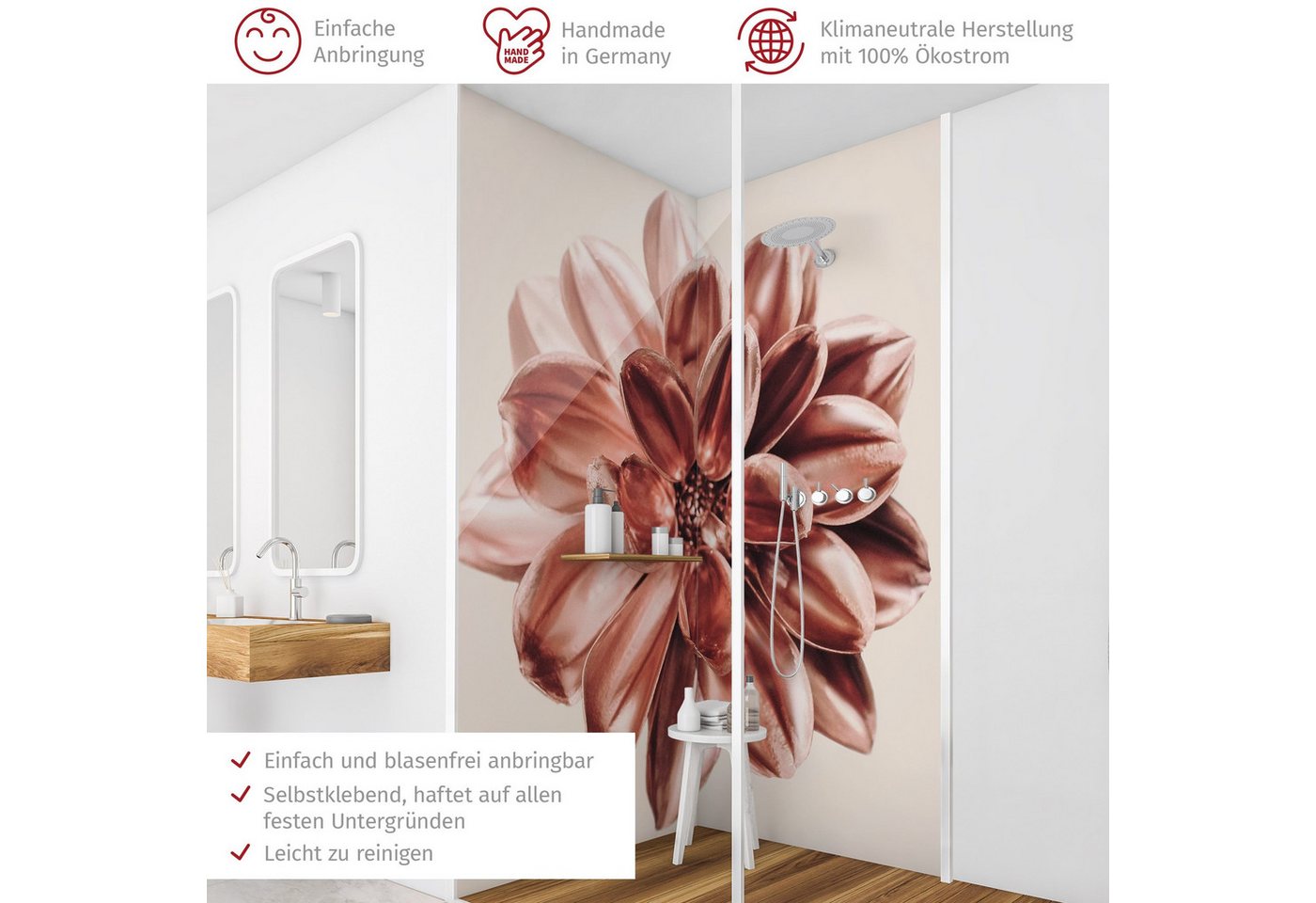 Thumbnail - Bilderdepot24 Badrückwand Blumen rot Duschrückwand ohne Bohren Dusche, (2-tlg., Hart-Folie Smart matt 0,35 mm), fugenlos...