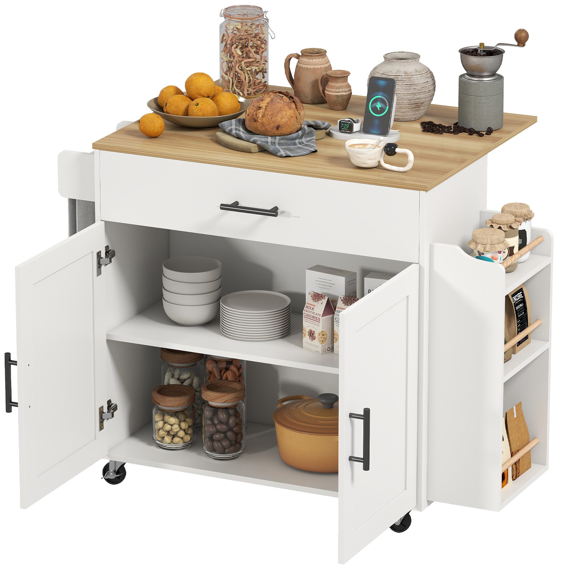 HOMCOM Servierwagen Kücheninsel auf Rollen, mit abklappbarer Arbeitsplatte, günstig online kaufen
