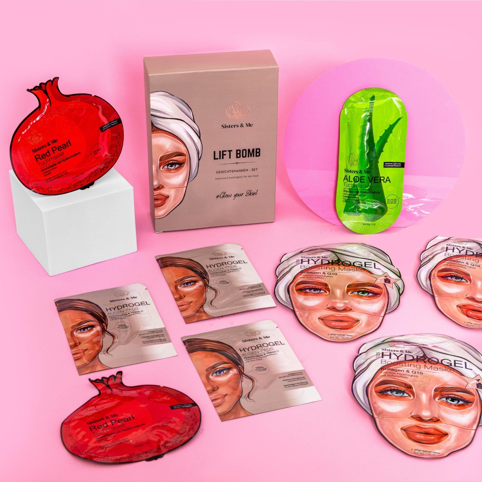 Sisters & Me Gesichts-Reinigungsmaske Lifting 9er Set – Hydrogelmaske & Pads für Anti‑Aging, 9-tlg., Anti-Aging, Feuchtigkeitsspendend