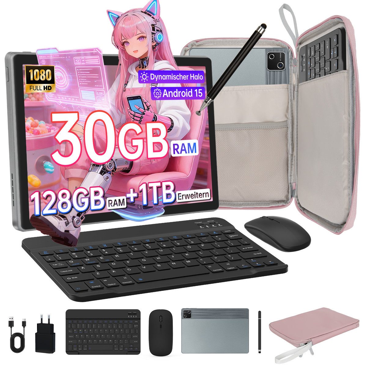 BUFO 10 Zoll Android 15, 30(6+24)GB+128GB, 6200mAh, mit Tastatur/Maus/Stift Tablet (10", 128 GB, Octa-Core, mit Stift/Maus/Tastatur)