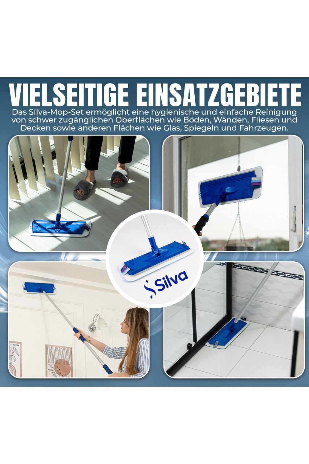 Moppland Wischmopp 2-in-1 Set zum Nasswischen und zur Wandreinigung, (Einzelgerät, 2-in-1 Set), 2-in-1 Boden- und Wandreinigung, 360° Gelenk, Stiel 85–150 cm