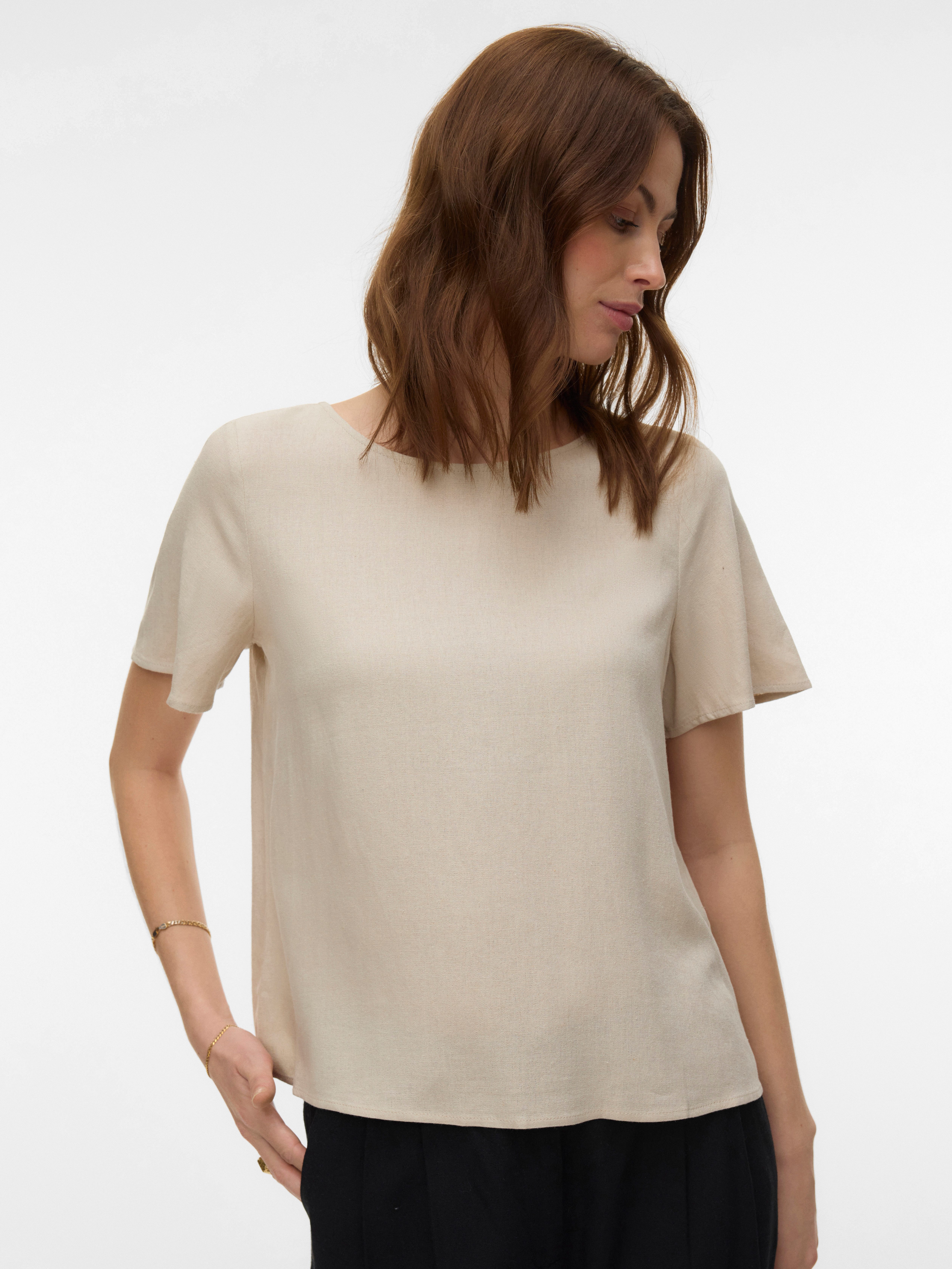 Vero Moda Blusenshirt VMMYMILO SS O-NECK TOP WVN GA mit Leinen