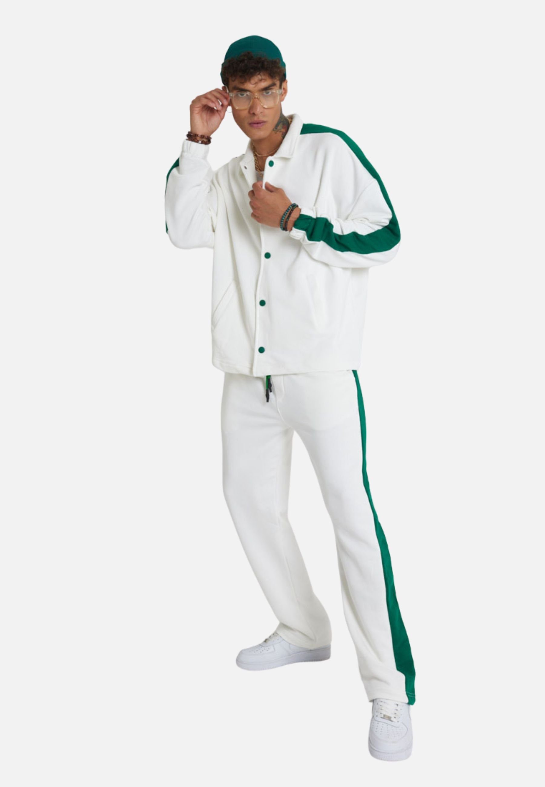 Streifen Hose COFI Jogginganzug Casuals Stripe Set Jogginganzug Weiß Jacke mit