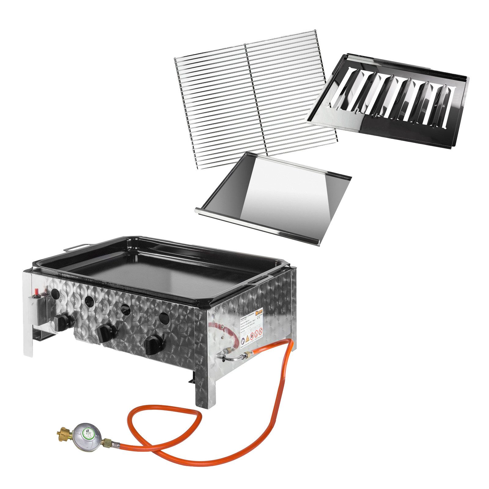 DEMA Gas-Pizzaofen Edelstahl Gasbräter Set1, Gastrobräter mit Stahlpfanne und Grillset