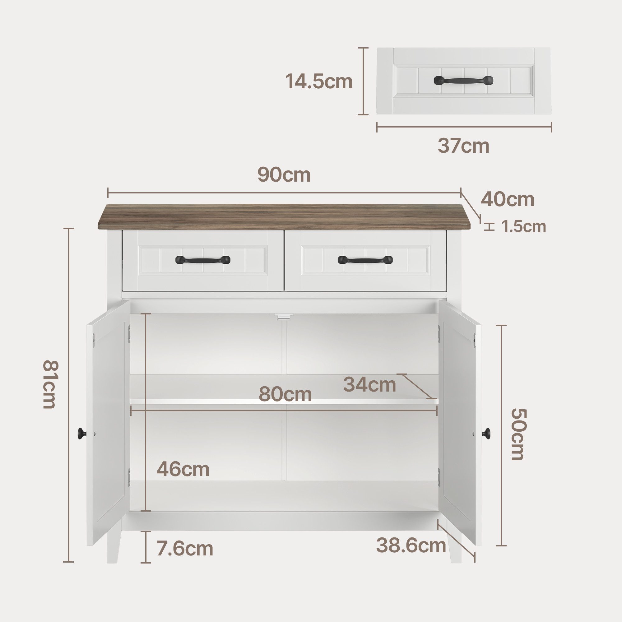 Blishom Buffet Sideboard Küchenschrank mit 2 Schubladen, 90 x 40 x 82 cm Die Einlegeböden sind verstellbar