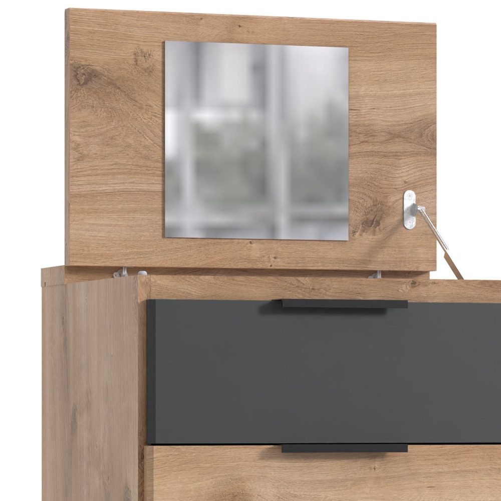 Lomadox Kommode TULUM-43, Eiche Nb., graphit, 4 Schubladen, 1 aufklappbarer Oberboden, Spiegel