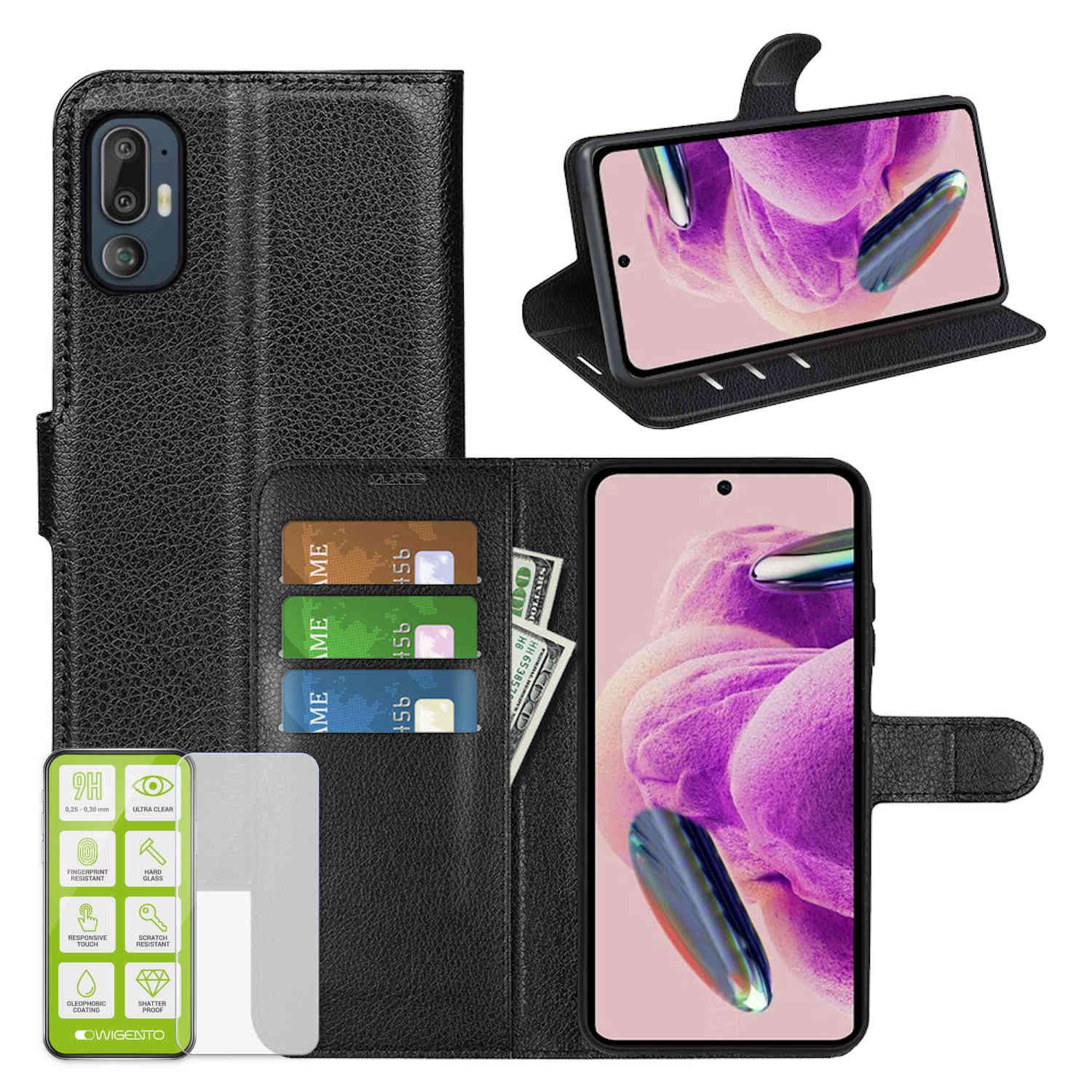 Wigento Smartphone-Hülle Für HTC U24 Pro Kunst Leder Book Wallet Tasche Schwarz + H9 Hart Glas
