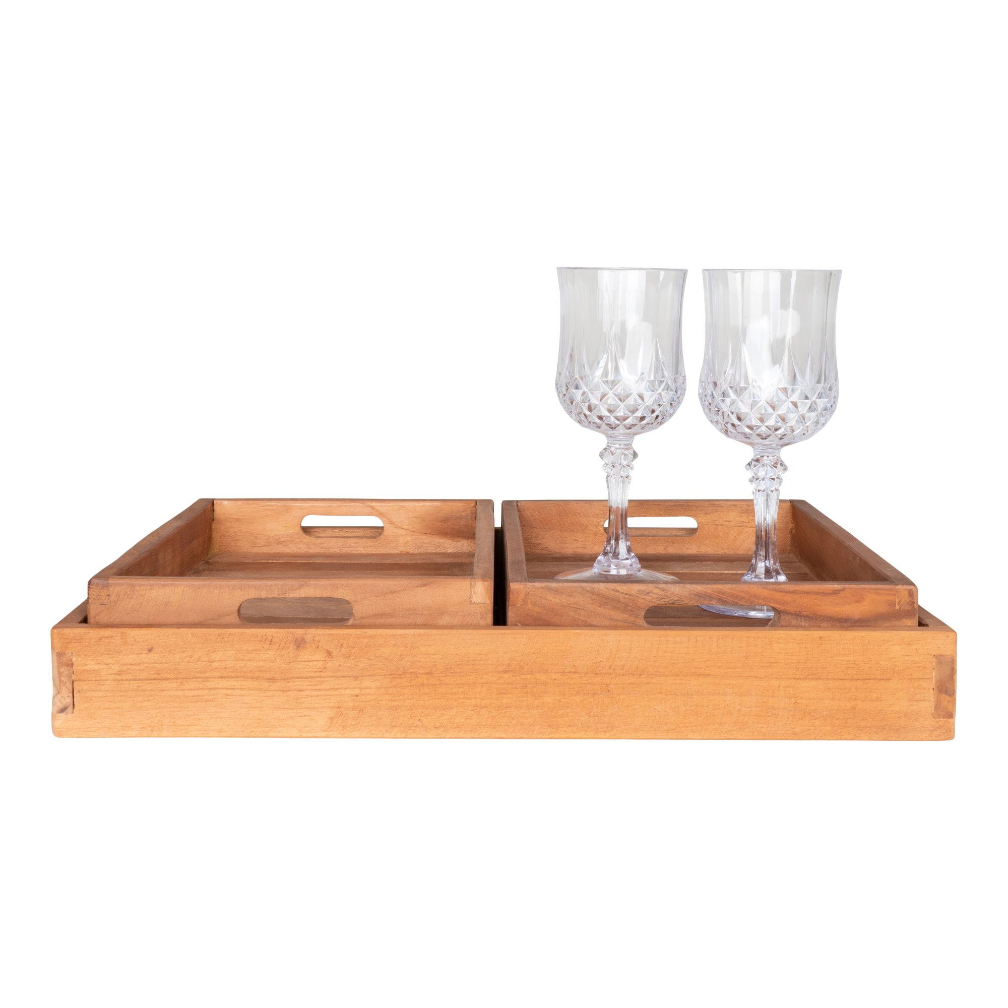 tinkaro Servierplatte Faro Tablett-Set 3-teilig 26-39 x 18-29 x 5 cm Natur Massivholz, Teakholz, (1-tlg), Servierplatten-Set in drei Größen als dekorative Ablage im Wohnraum