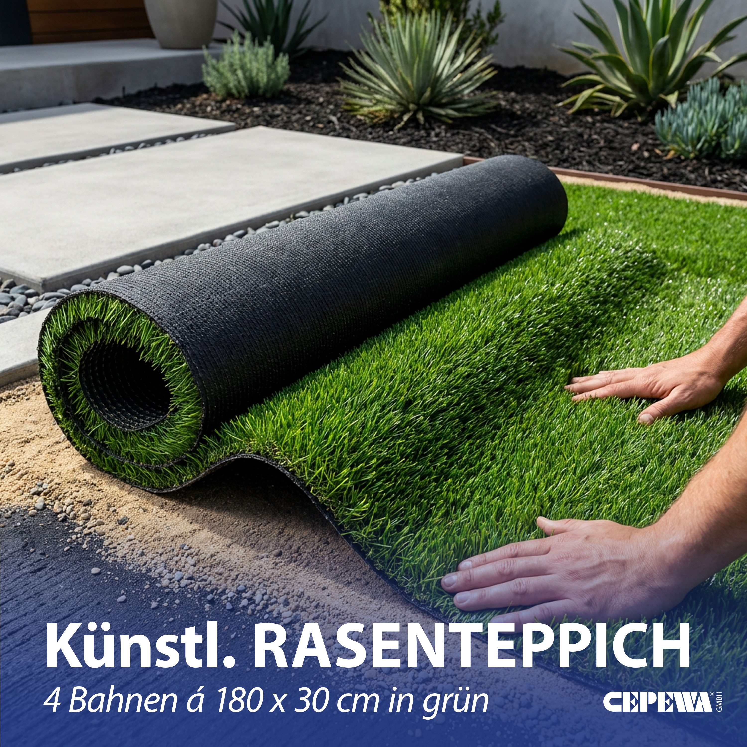 CEPEWA Kunstrasen Rasen künstlich 4 Bahnen 180x30cm grün PP Balkon Terrasse Bodenbelag