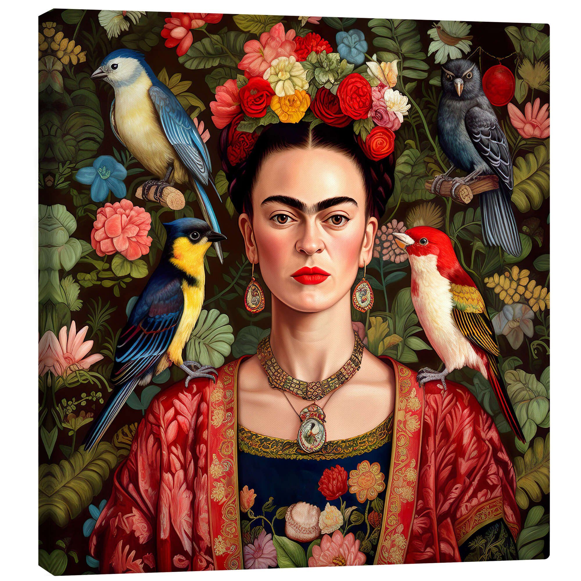 Posterlounge Leinwandbild Mark Ashkenazi, Frida Kahlo mit exotischen Vögeln, Modern Illustration