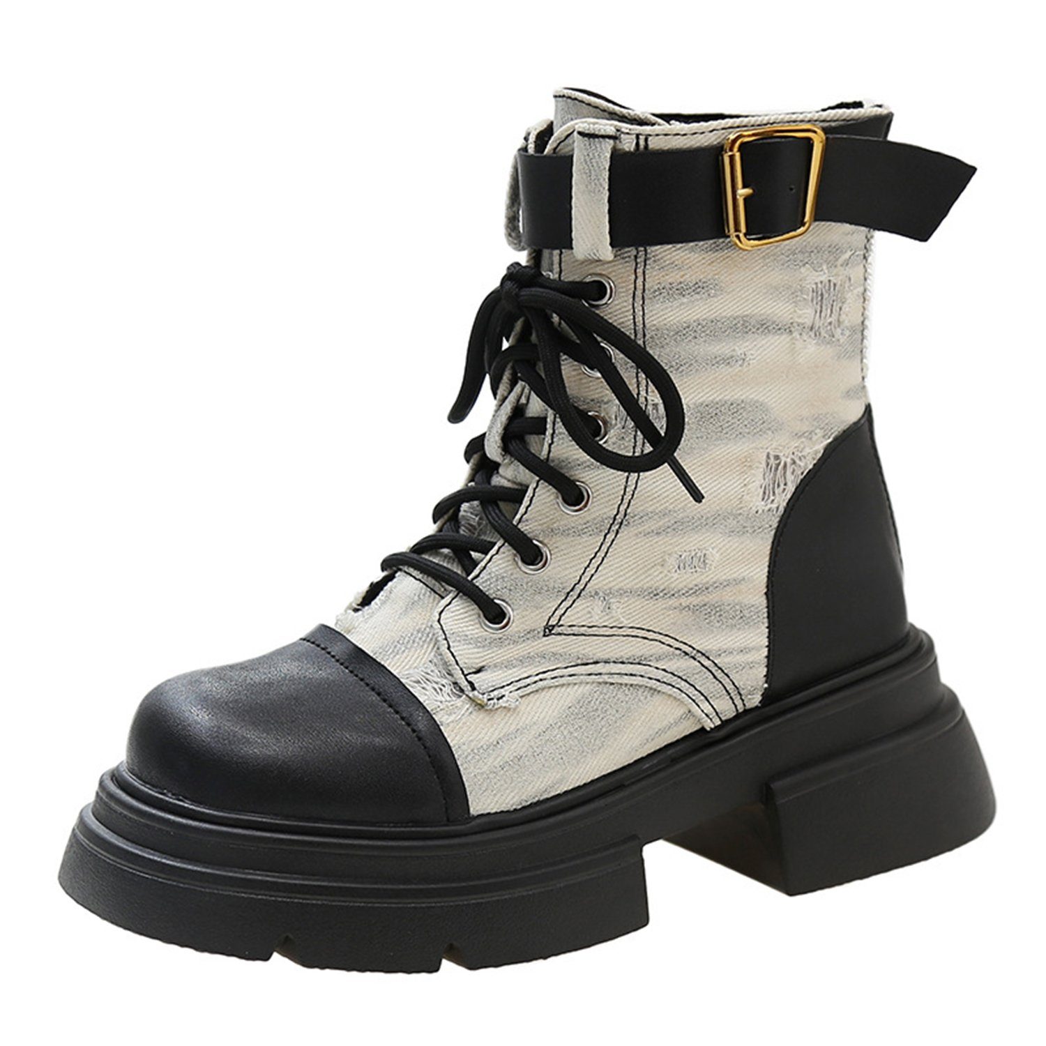 Daisred Denim Boots Damen, Combat Boot, Stiefeletten Ankle Boot Cowboy Boots Beige