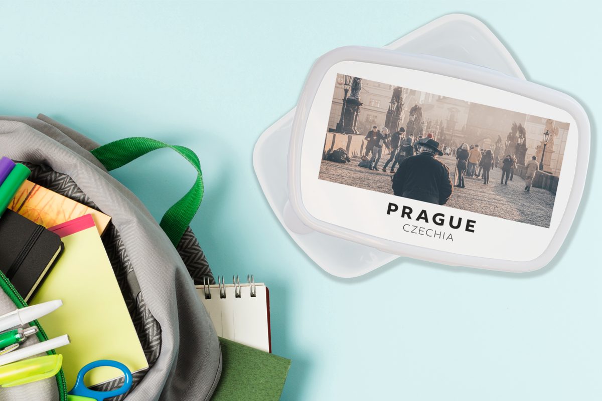 MuchoWow Lunchbox Prag - Tschechische Mädchen weiß Architektur, Kinder Jungs - und Brücke (2-tlg), für Brotdose, Erwachsene, Republik und für Kunststoff, Brotbox 