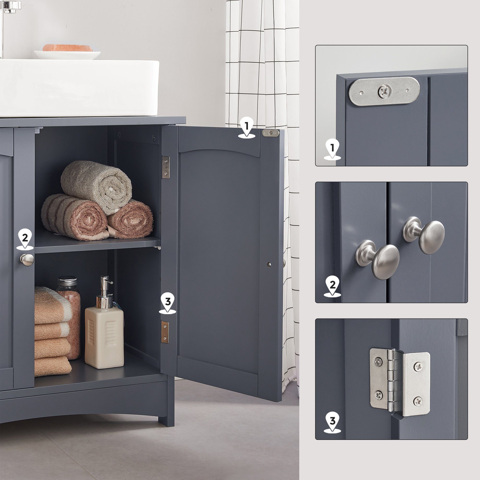 VASAGLE Waschbeckenunterschrank Waschtischunterschrank viel Stauraum mit 2 Türen, 30 x 60 x 60 cm, verstellbare Ablage, modern – Bild 4 von 5