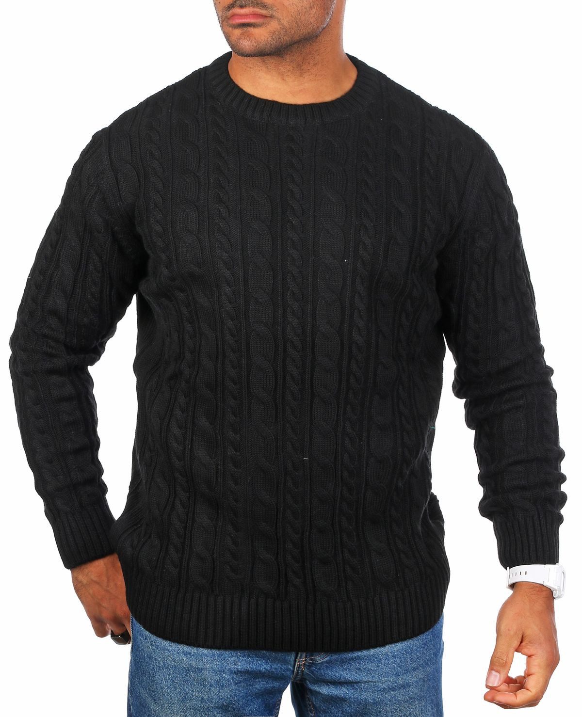 Strickpullover Herren mit Zopf Cable Strickmuster Uni Rundhals retro klassisch 7880