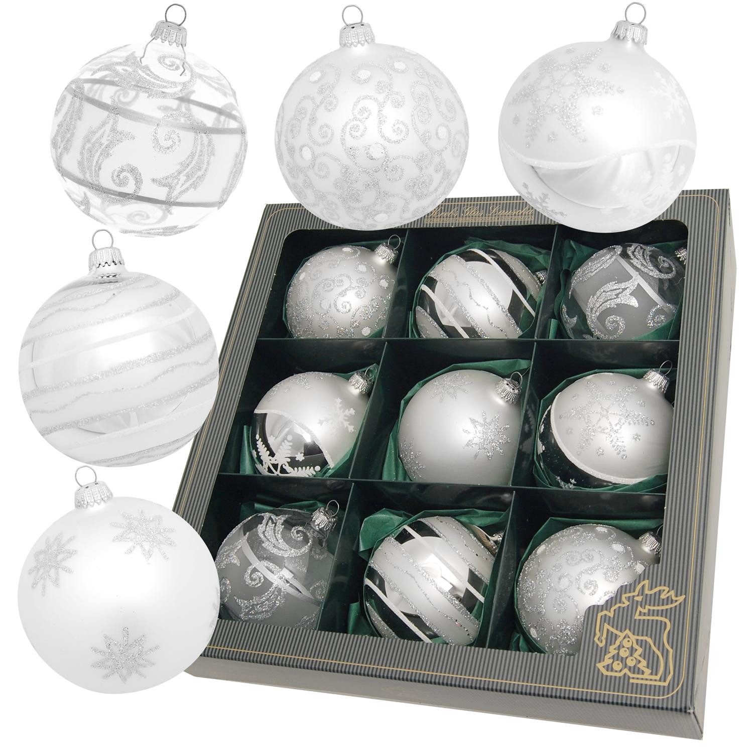 Krebs Glas Lauscha Weihnachtsbaumkugel Glasdekoration 9er Set Silber/Satin günstig online kaufen