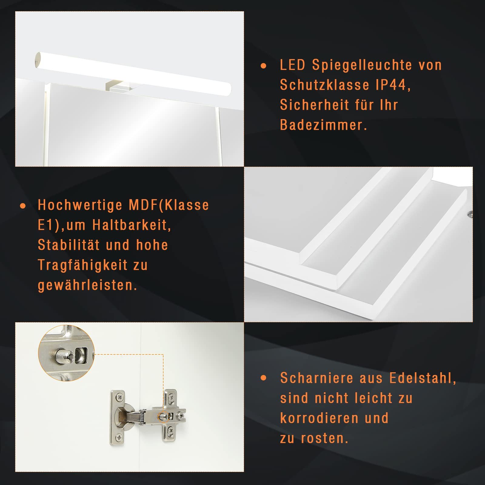 MSMASK Badezimmerspiegelschrank mit LED Beleuchtung, Steckdose und lichtschalter 70x15x60cm(BxTxH) (Ohne Matratze) Badezimmer spiegelschrank mit 3 Türen,Spiegel,Hängeschrank