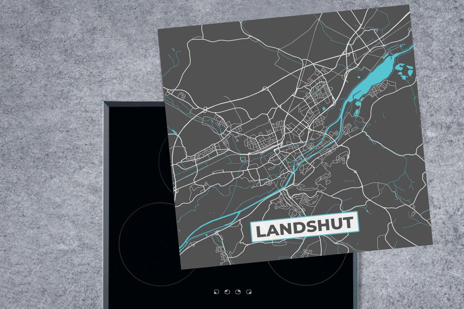 MuchoWow Herdblende-/Abdeckplatte küche - Vinyl, tlg), Karte Deutschland für Landshut - (1 - - Arbeitsplatte 78x78 Blau, Ceranfeldabdeckung, Stadtplan cm
